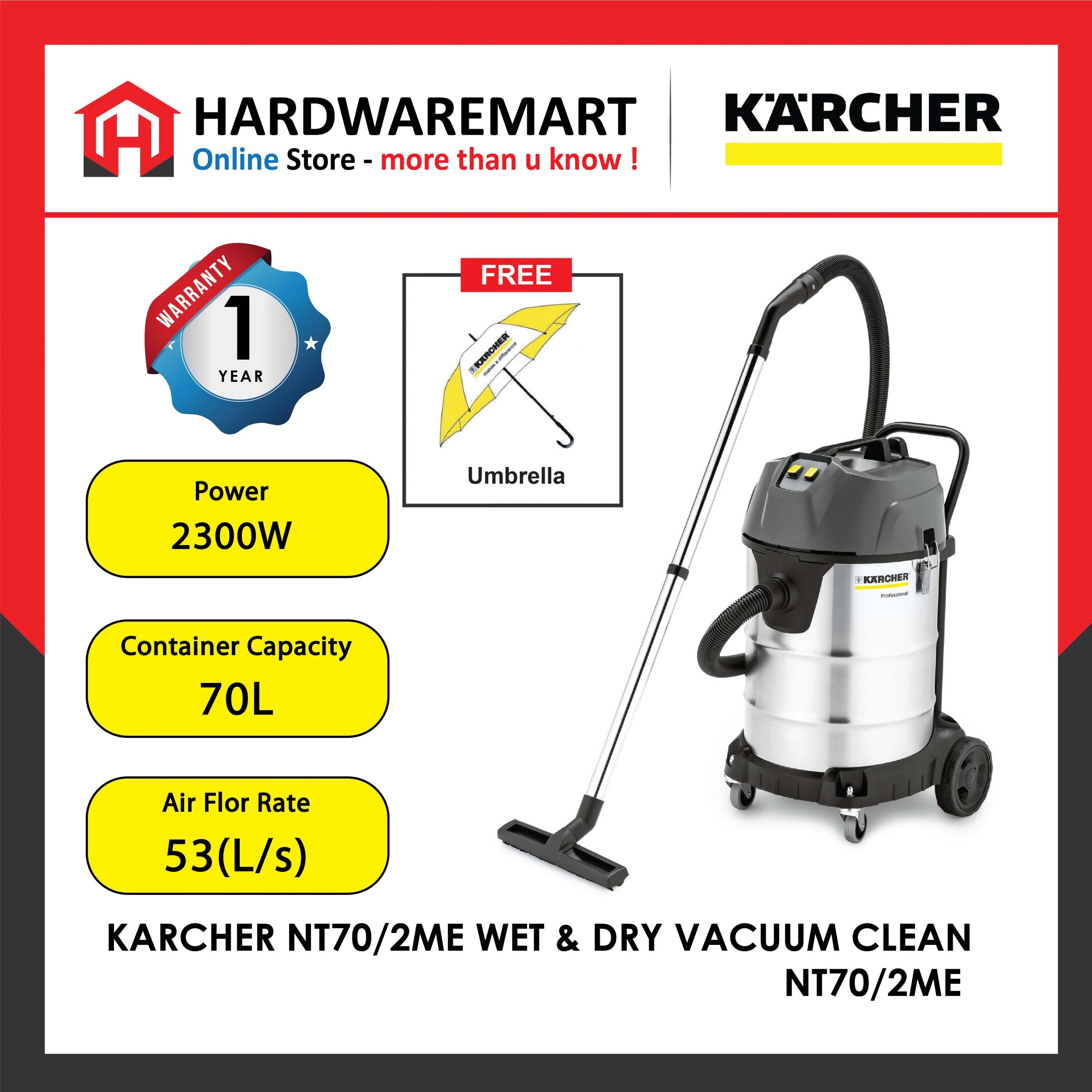 Hardwaremart-19 KARCHER NT70/2ME WET & DRY VACUUM CLEANER (2300W/70L/254MBAR)