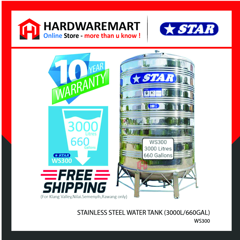 Hardwaremart STAR template-39 STAR WS300 STAINLESS STEEL WATER TANK (3000L/660GAL)