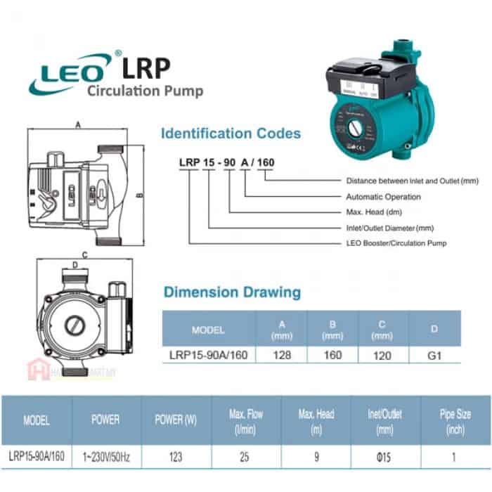LRP15_90A_160_pdf_1761036326.jpg LEO LRP15-90A/160 HOT WATER AUTOMATIC CIRCULATION PUMP Pam Air Rumar Kolam ?? (123W/25LMIN/15MM)