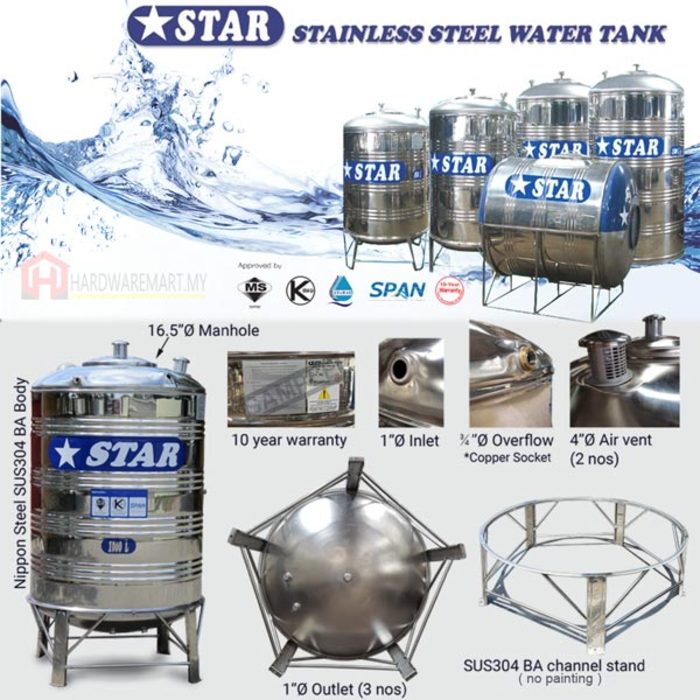 Hardwaremart STAR template-36 STAR WS150 STAINLESS STEEL WATER TANK (1500L/330GAL)